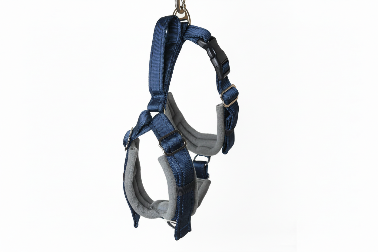 Navy blue and grey harness