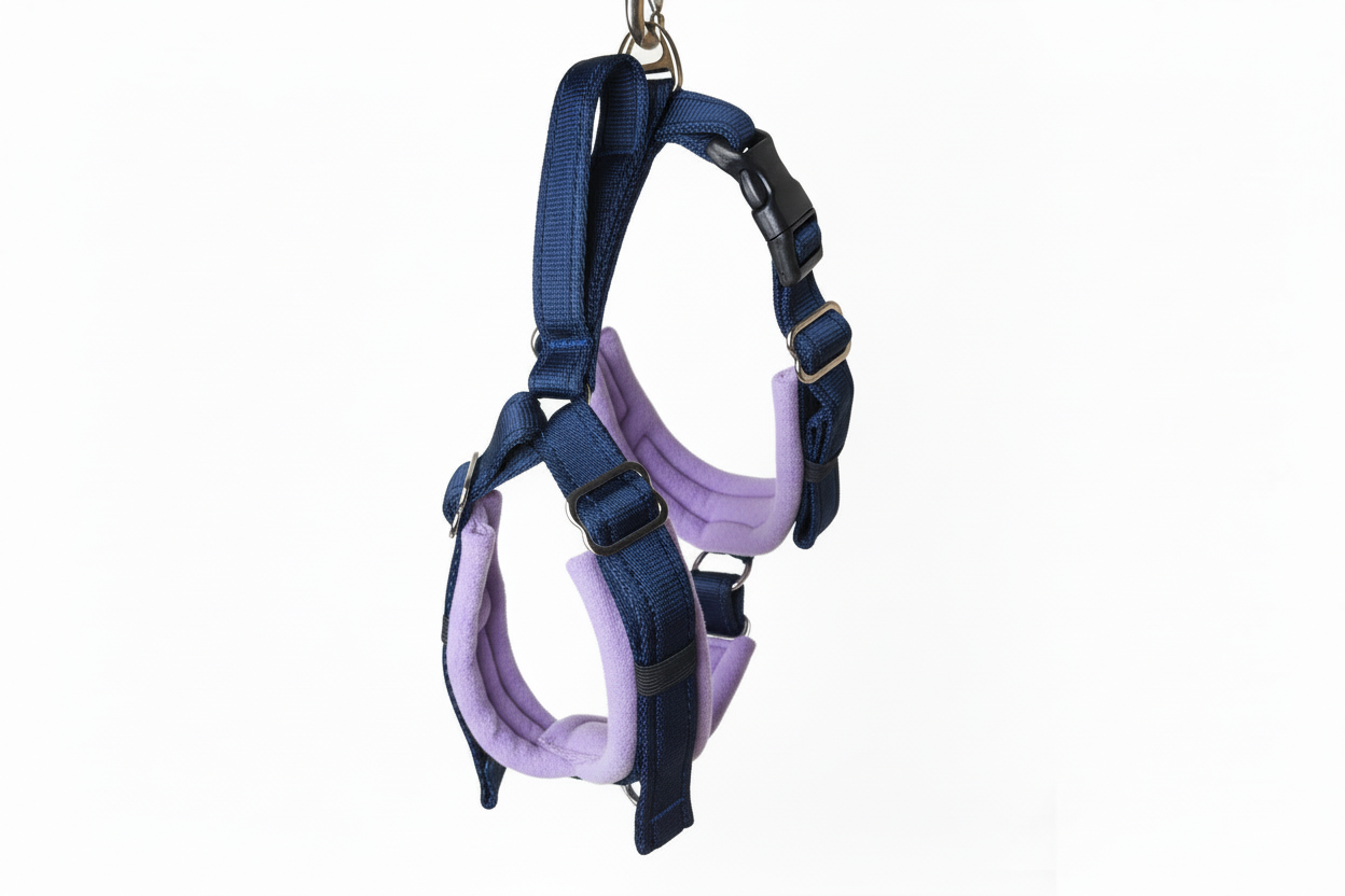 Navy blue and lilac harness