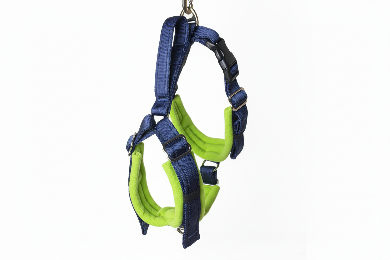 Navy blue and lime green harness