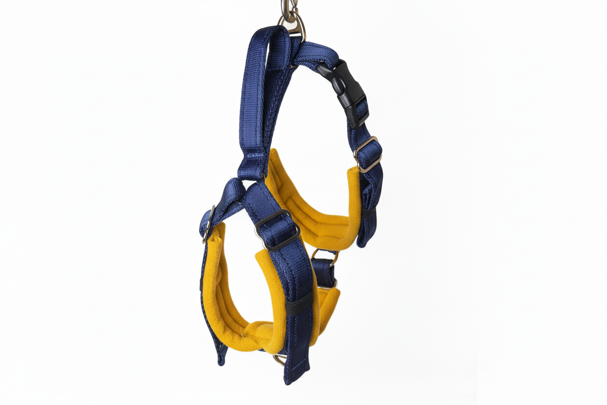 Navy blue and mustard harness