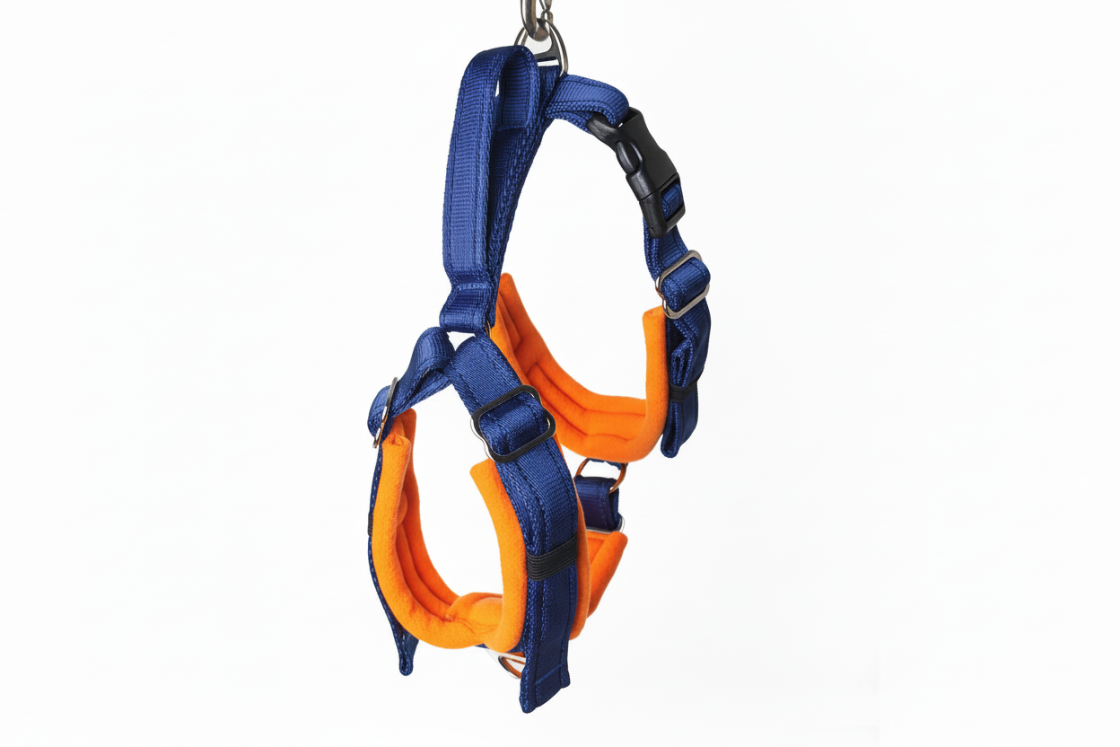 Navy blue and orange harness