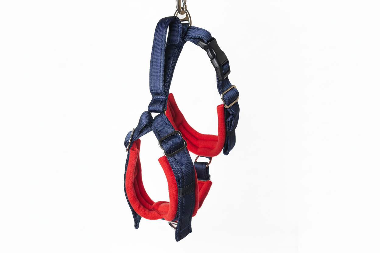 Navy blue and red harness