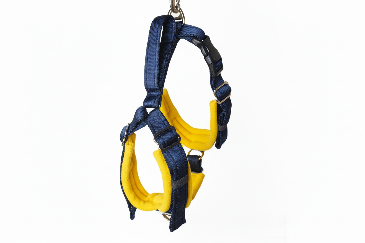 Navy blue and sunshine yellow harness