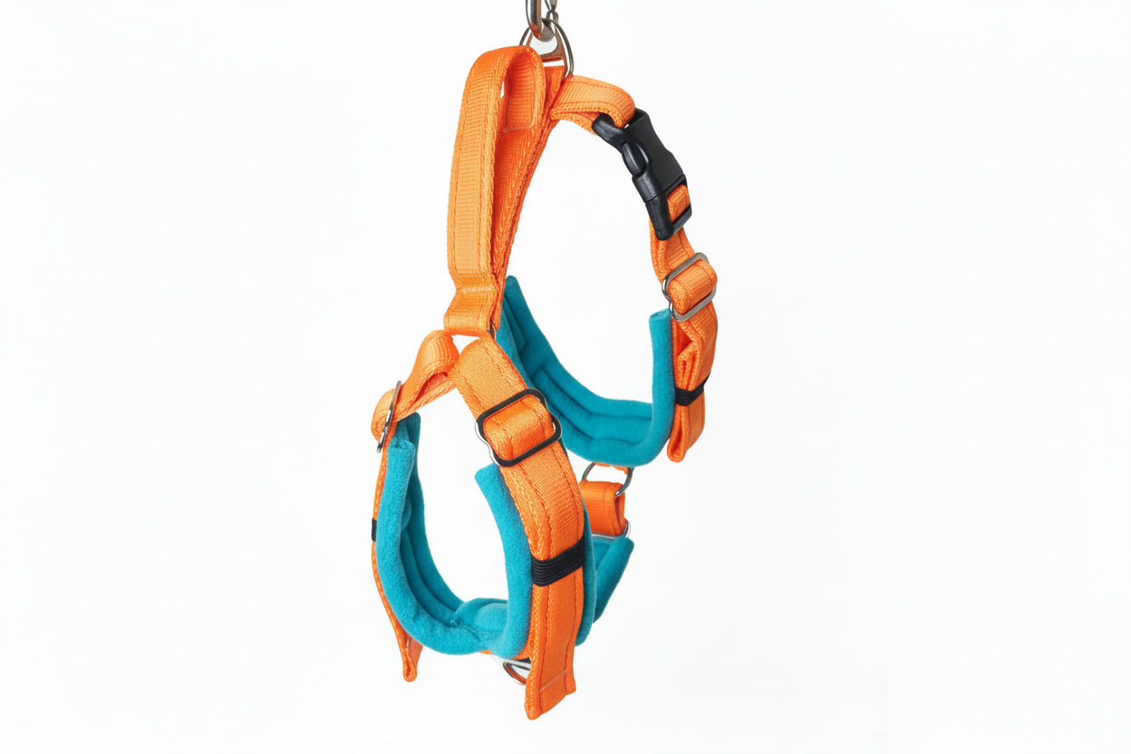Orange and bright turquoise harness