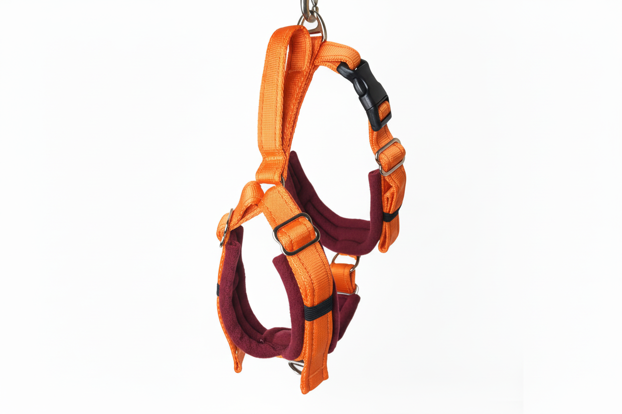 Orange and burgundy harness