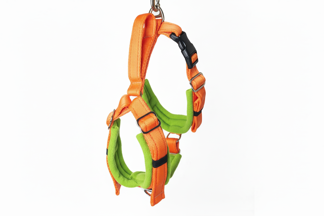 Orange and lime green harness