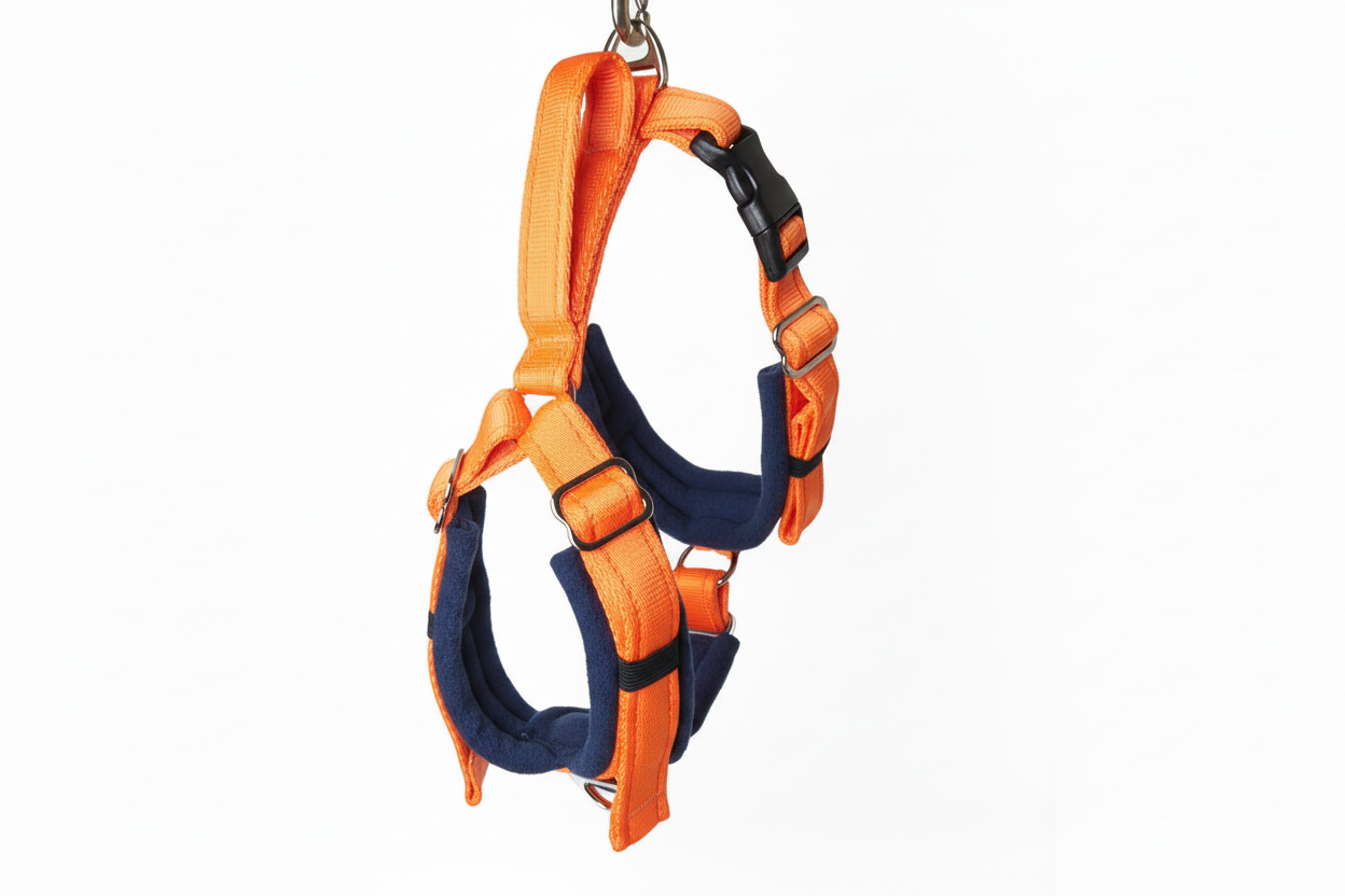 Orange and navy harness
