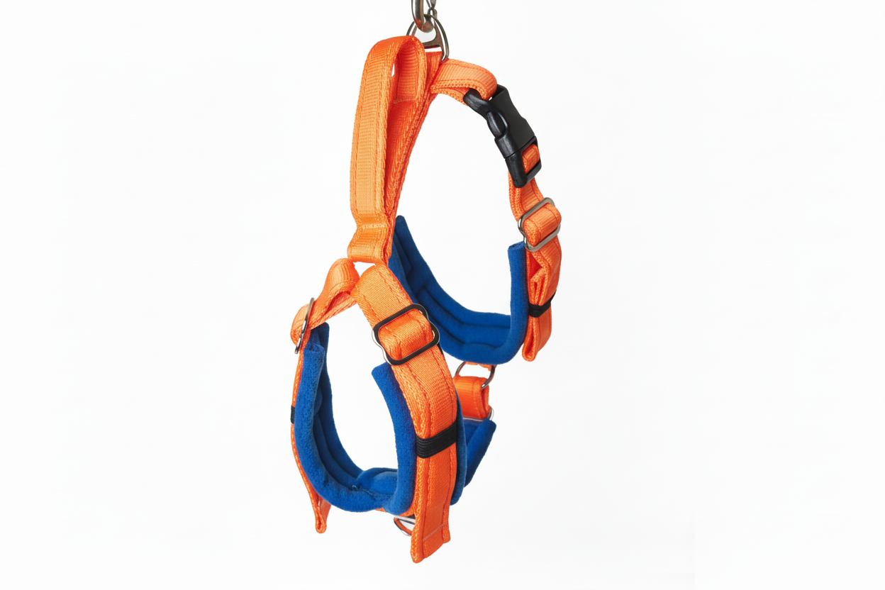 Orange and royal blue harness