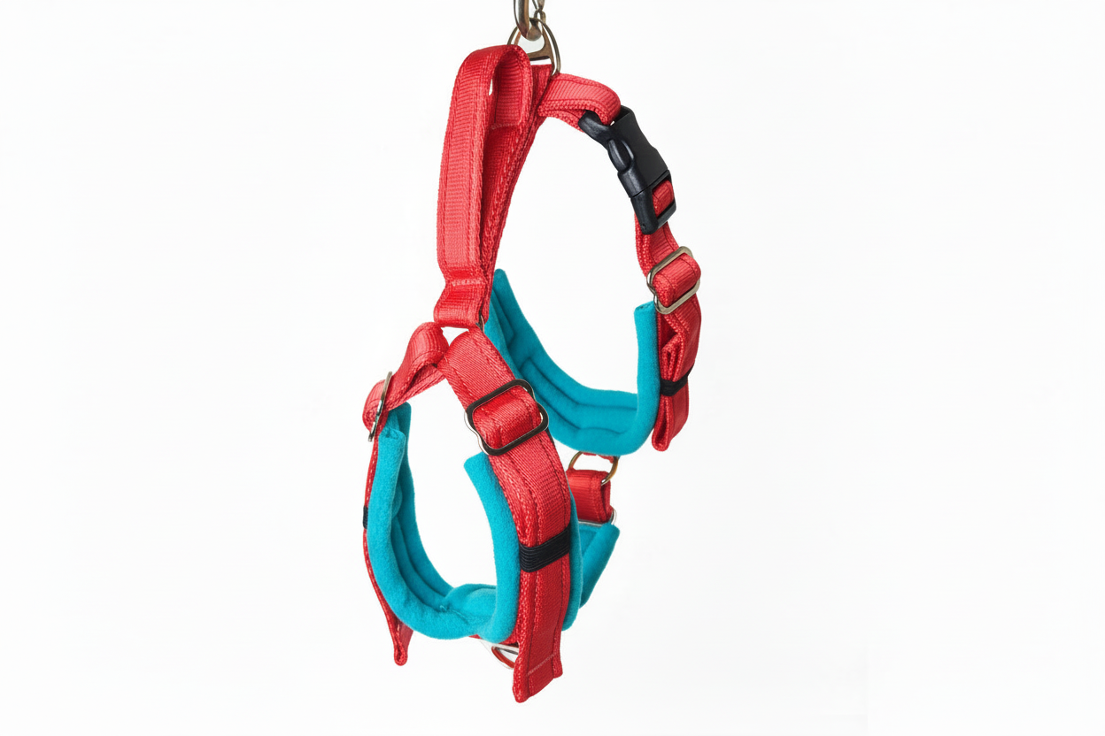 Red and bright turquoise harness