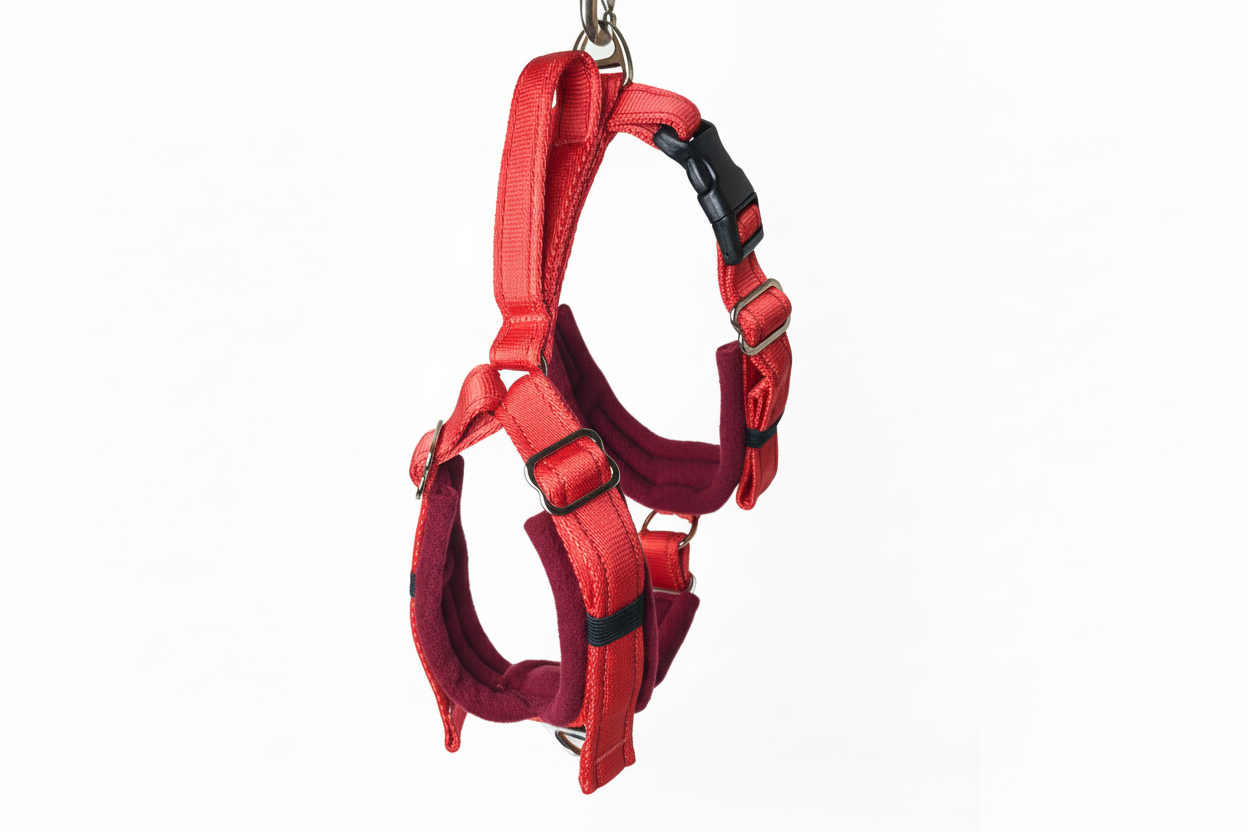 Red and burgundy harness