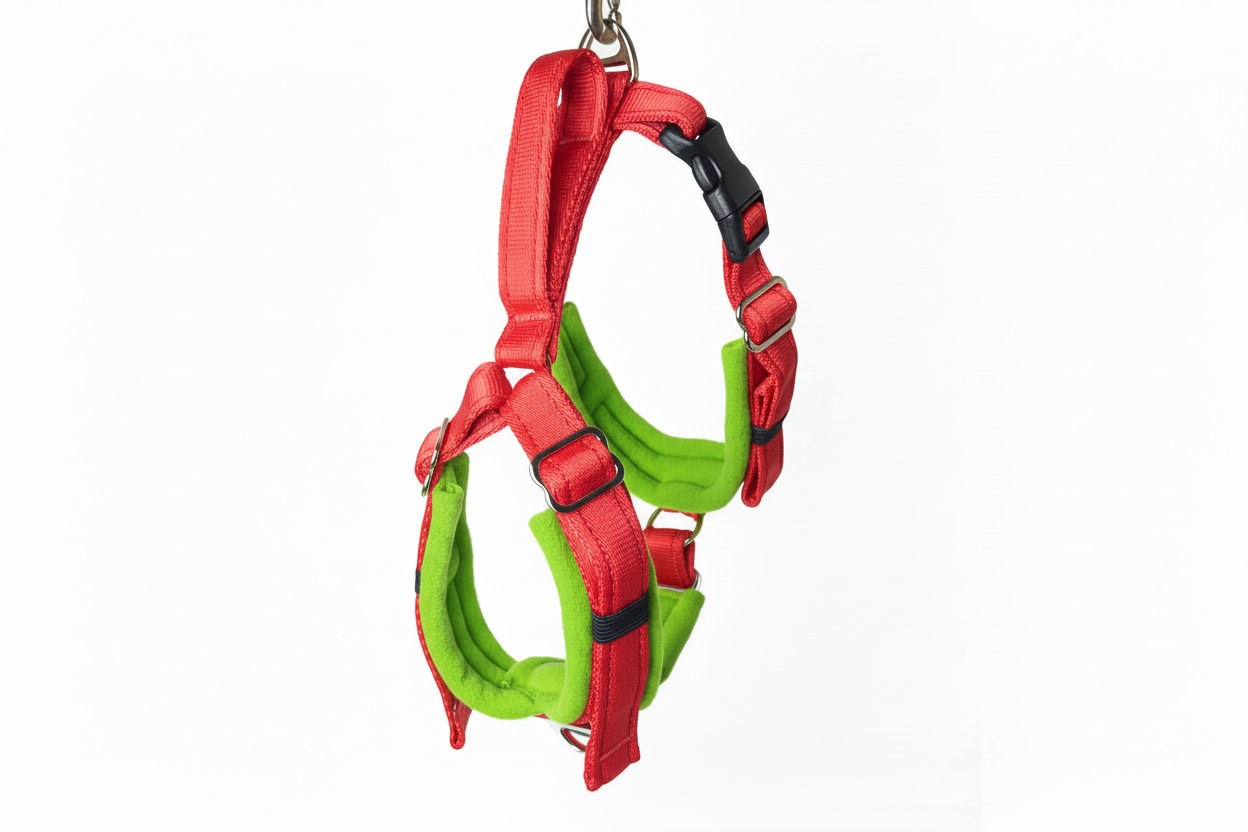 Red and lime green harness