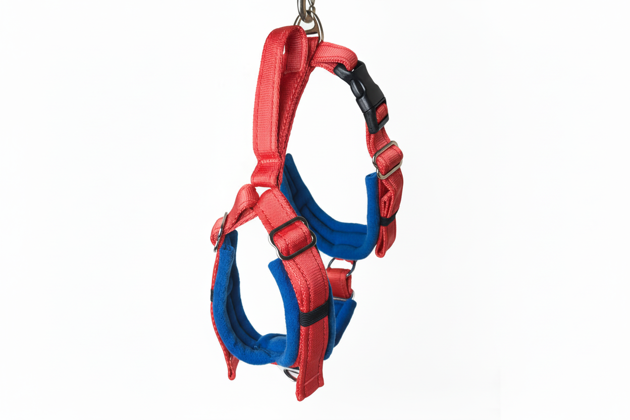 Red and royal blue harness