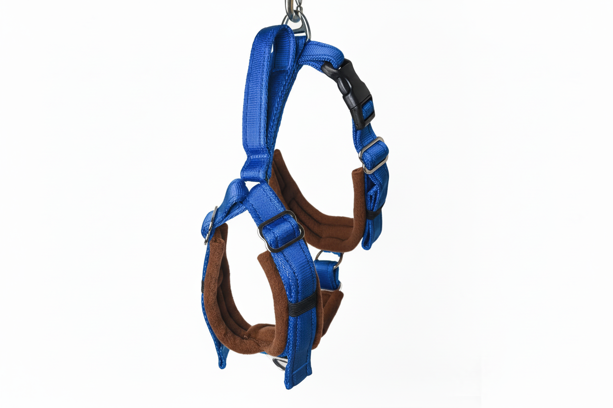 Royal blue and brown harness
