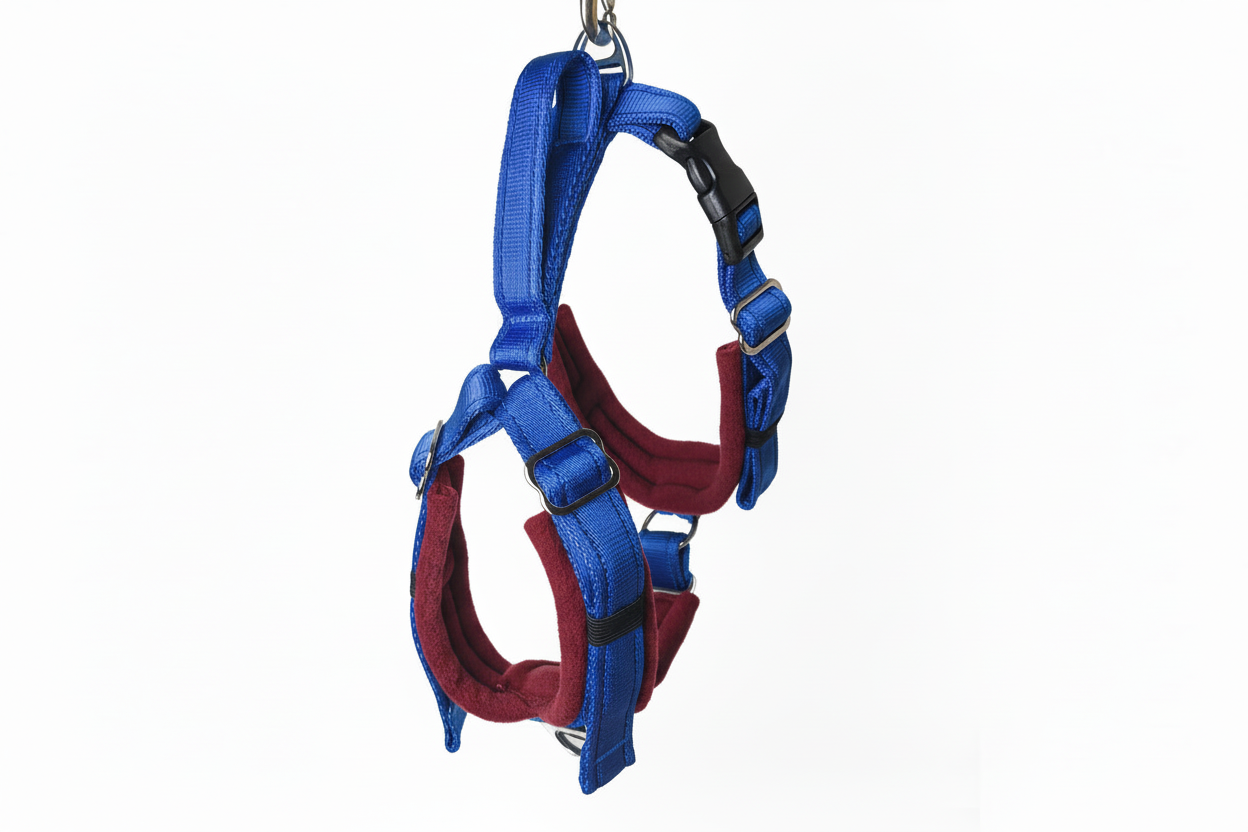 Royal blue and burgundy harness