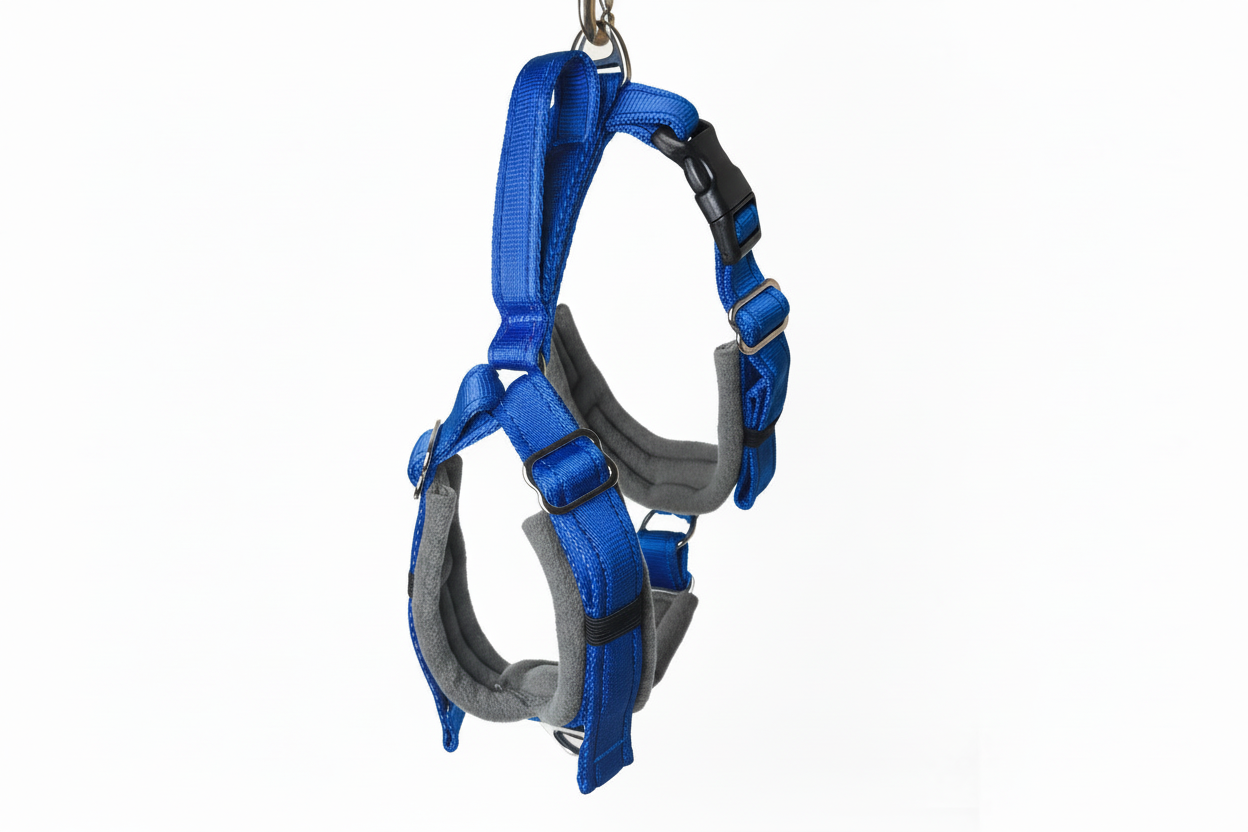 Royal blue and grey harness