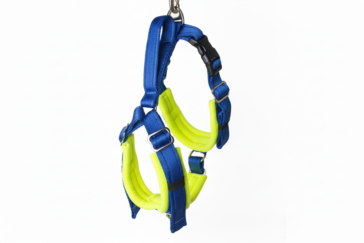 Royal blue and high-vis yellow harness