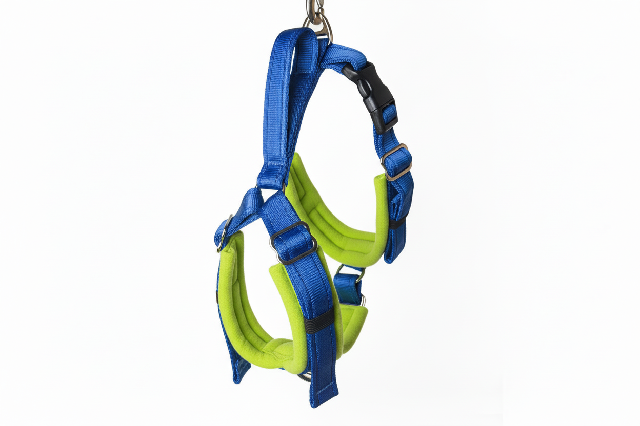 Royal blue and lime green harness