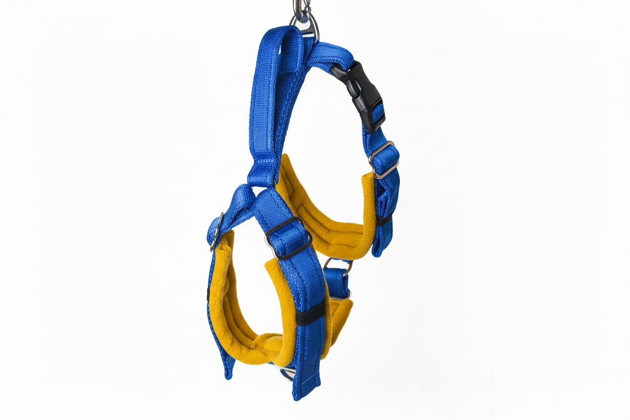 Royal blue and mustard harness