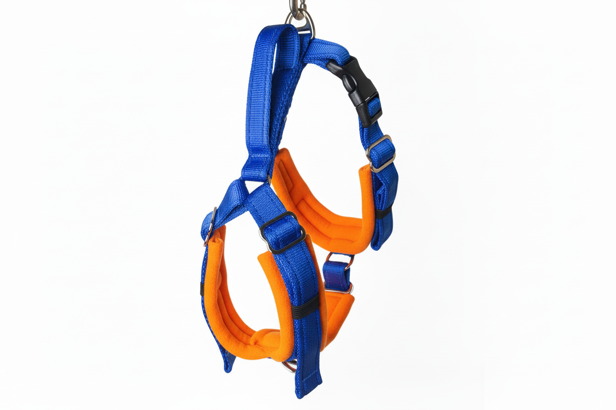 Royal blue and orange harness