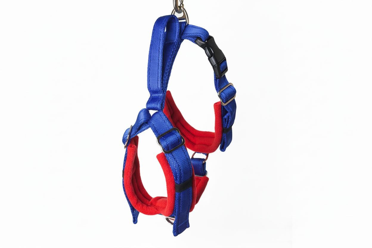 Royal blue and red harness