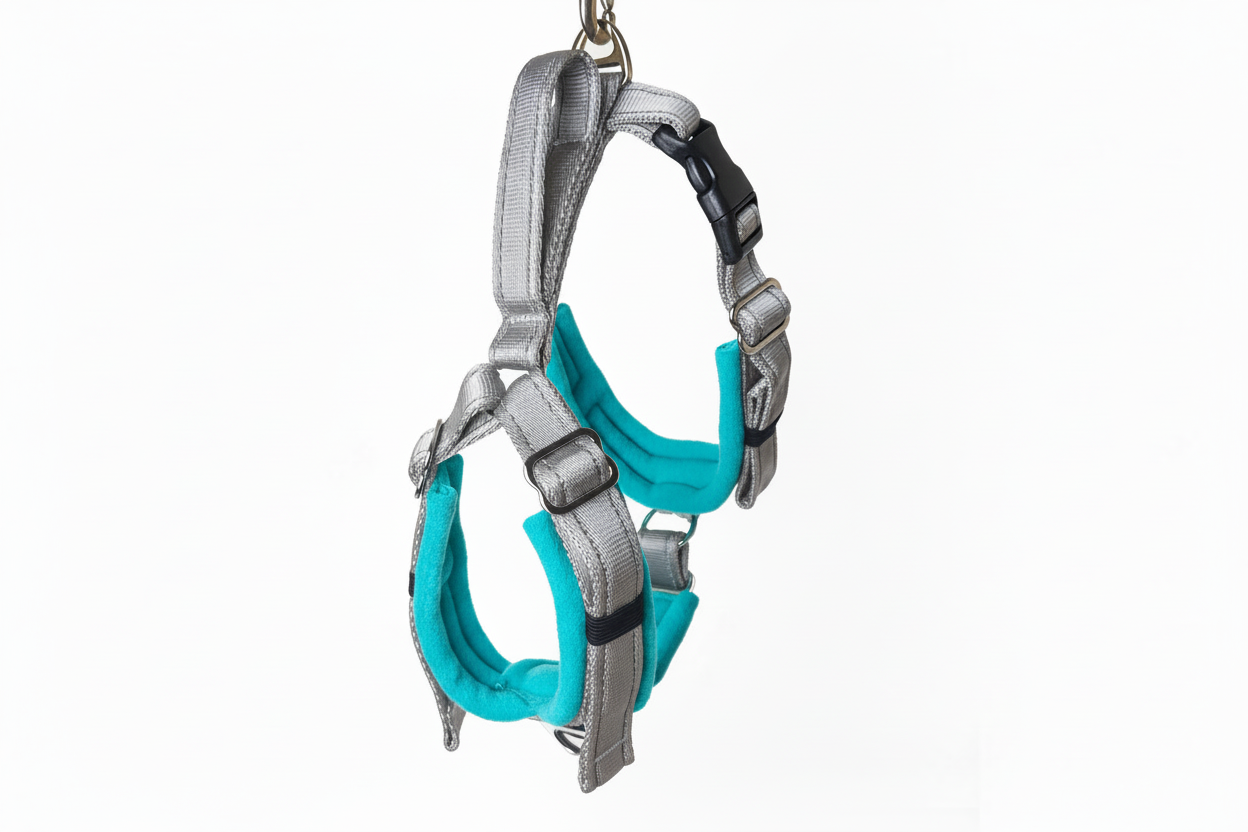 Silver grey and bright turquoise harness