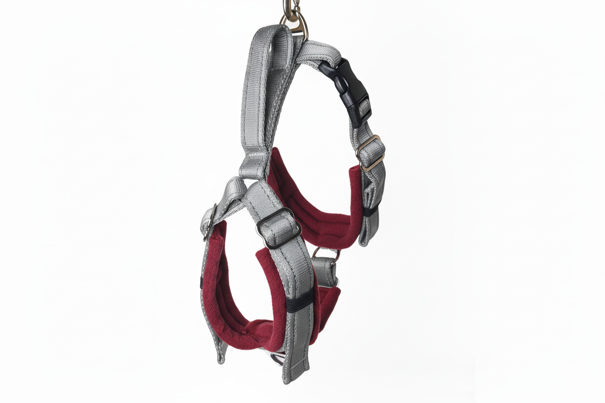 Silver grey and burgundy harness