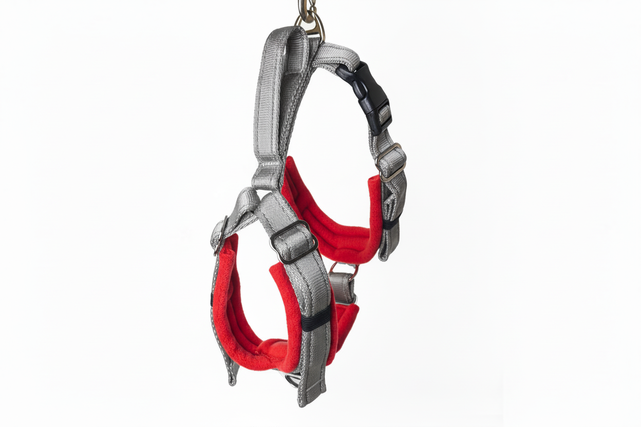 Silver grey and red harness
