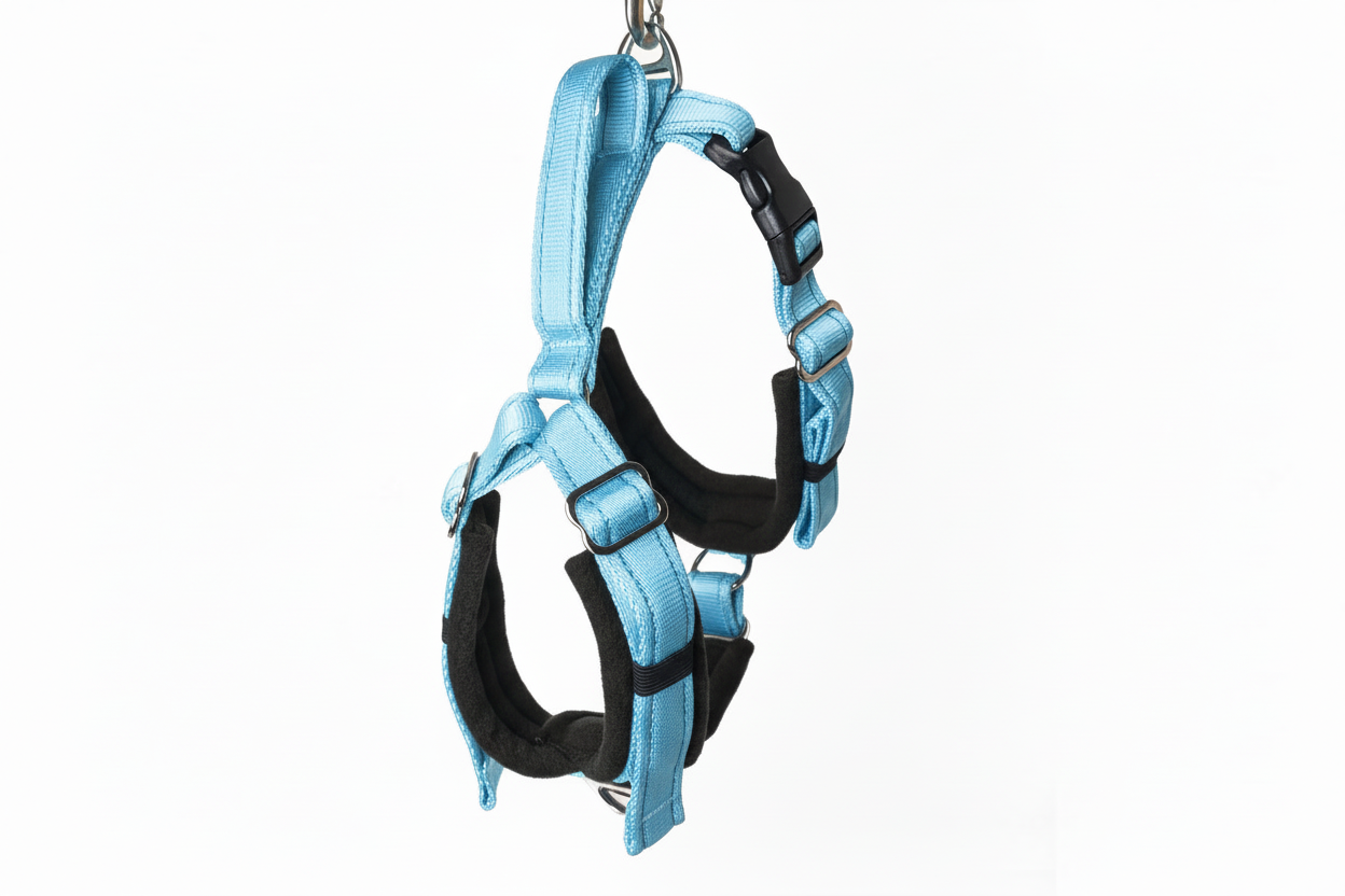 Sky blue and black harness