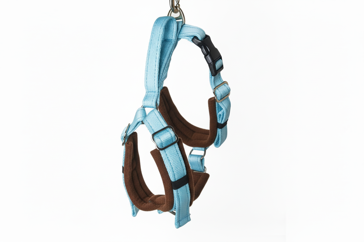 Sky blue and brown harness