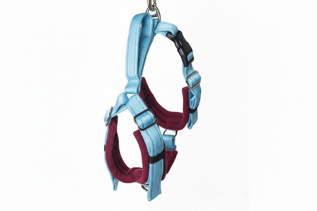 Sky blue and burgundy harness