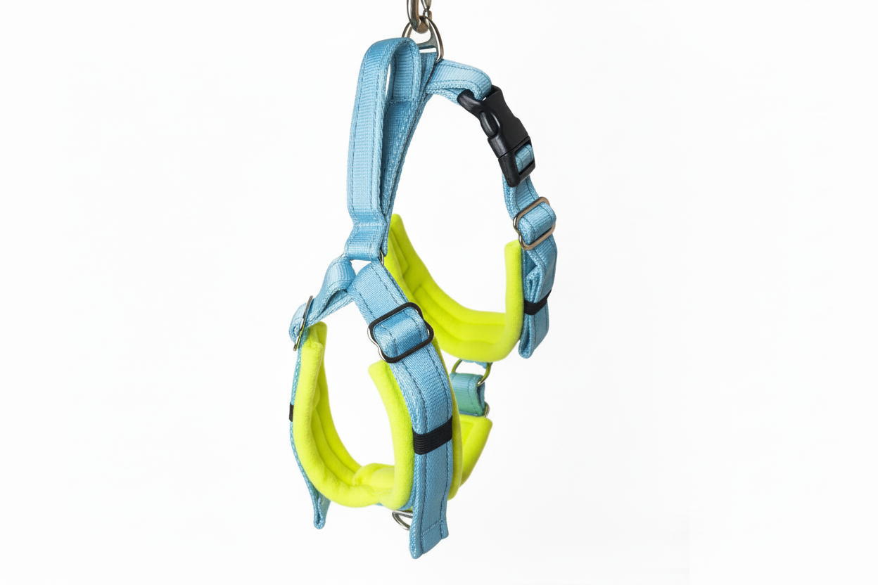 Sky blue and high-vis yellow harness