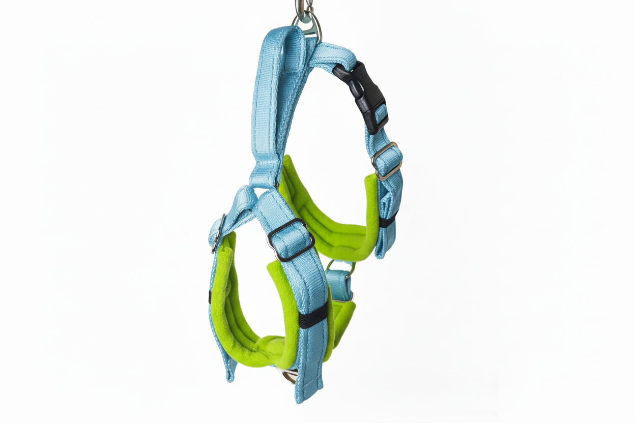 Sky blue and lime green harness