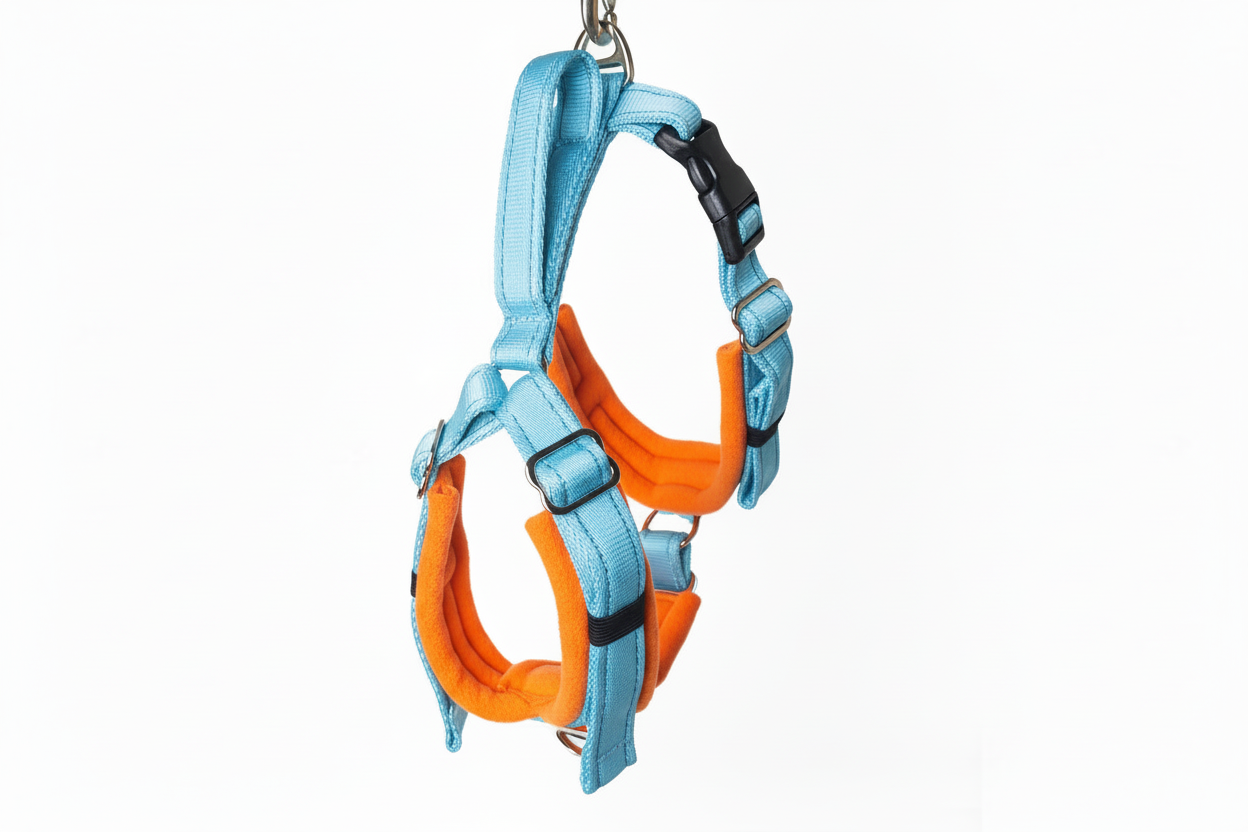 Sky blue and orange harness