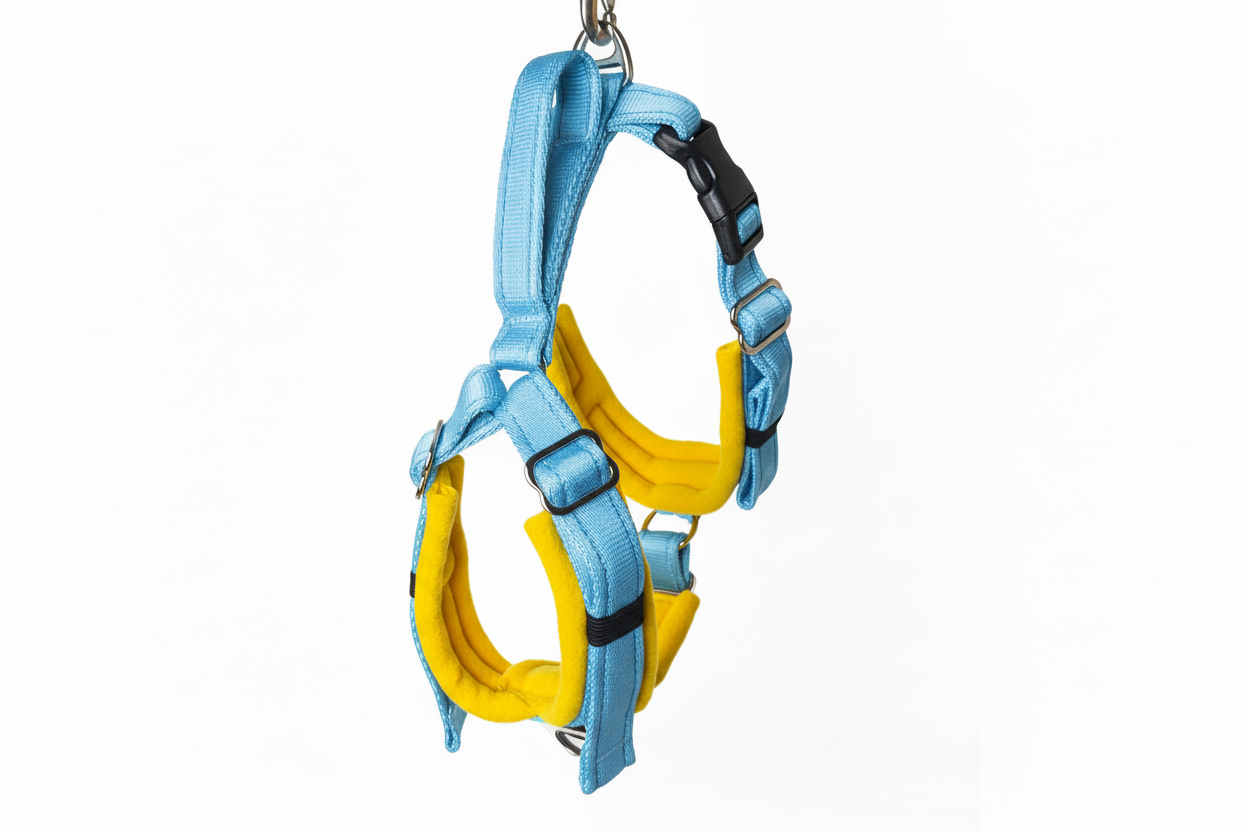 Sky blue and sunshine yellow harness
