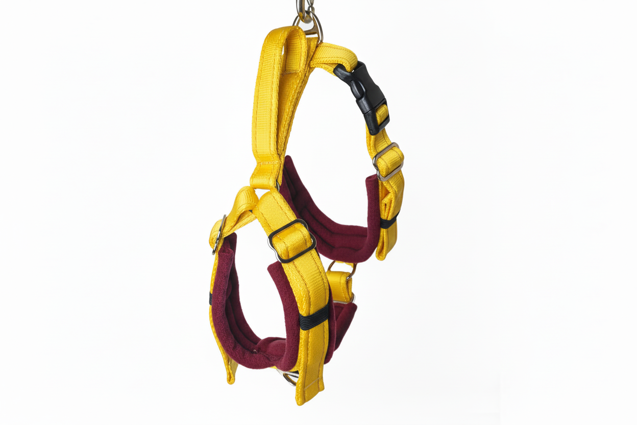 Yellow and burgundy harness