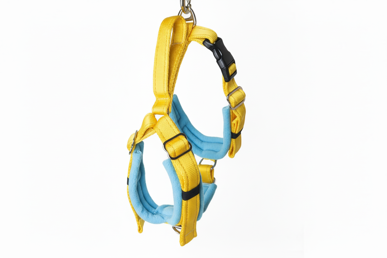 Yellow and sky blue harness